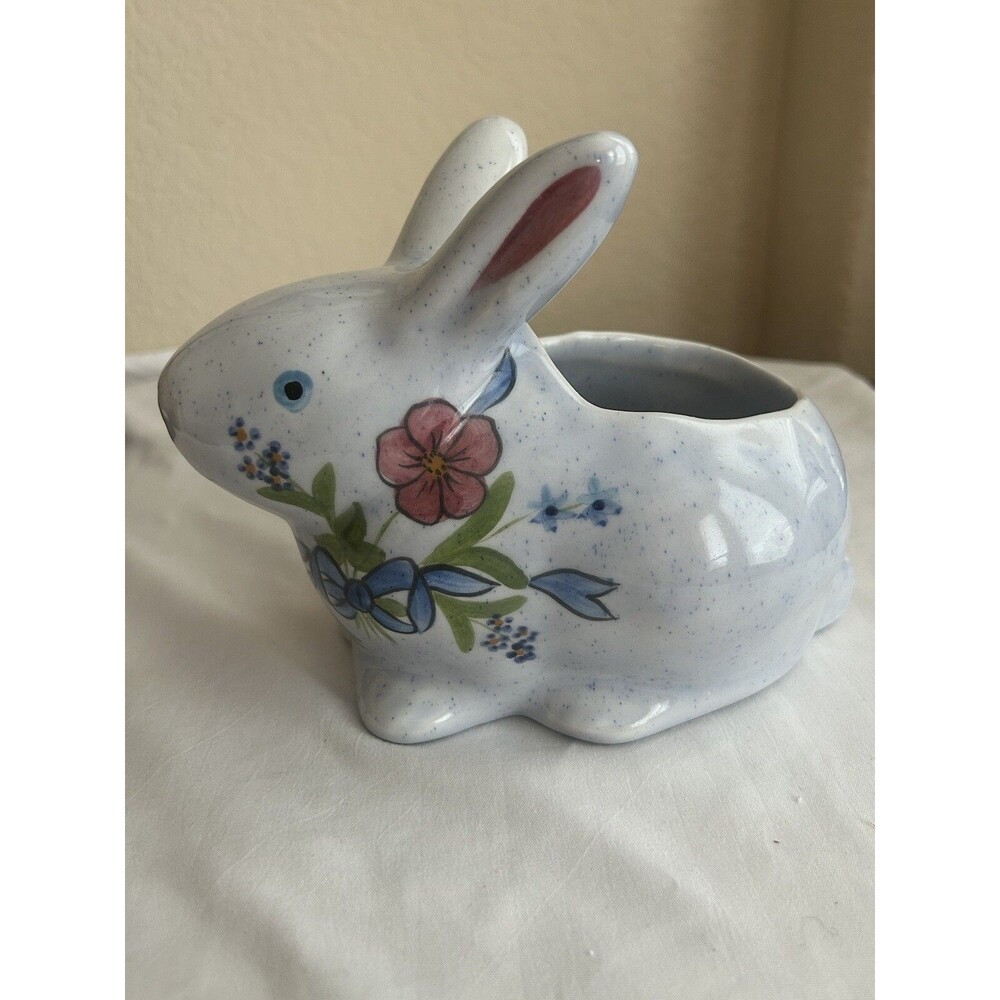 Vtg N. S. Gustin Rabbit Easter Planter Hand Paint Blue Flower Speckled Glaze 8"